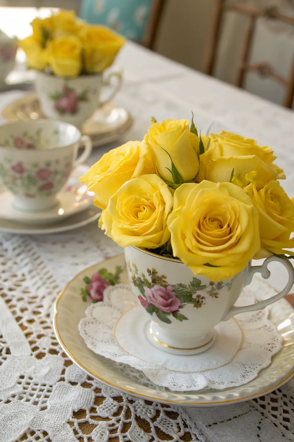 Vintage tea party with yellow roses in teacup vases.