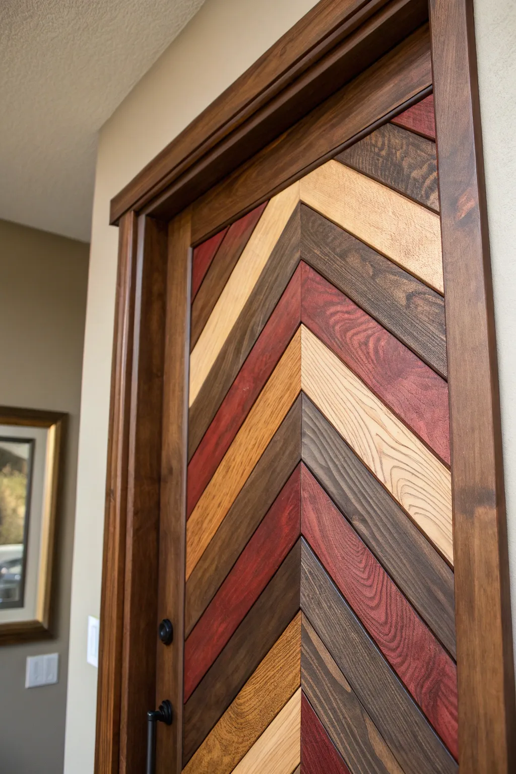 Elevate your entryway with a striking chevron pattern door trim—where craftsmanship meets bold design.