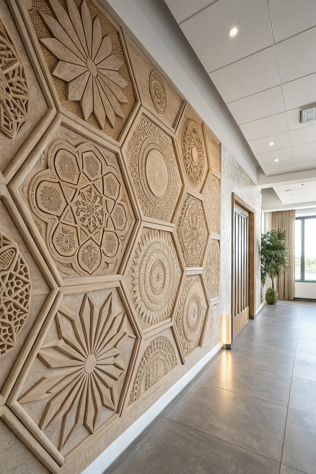 Transform your hallway with the chic elegance of geometric clay murals.