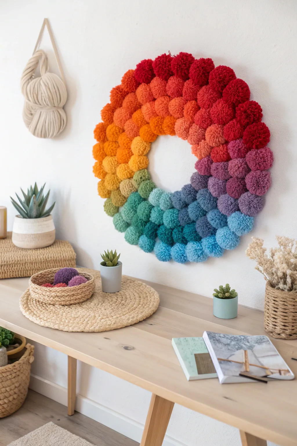 Discover the art of color with a whimsical pompom spectrum—where craftsmanship meets playful creativity.
