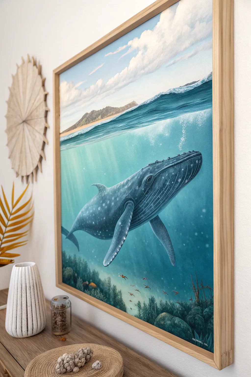Experience the serenity of the ocean with this stunning 3D whale painting, a perfect blend of Scandinavian minimalism and Boho charm.