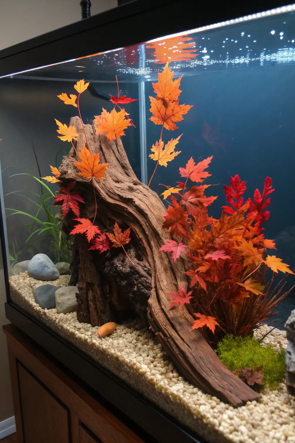 Transform your aquarium with the bold hues of autumn – a perfect blend of nature and craftsmanship.