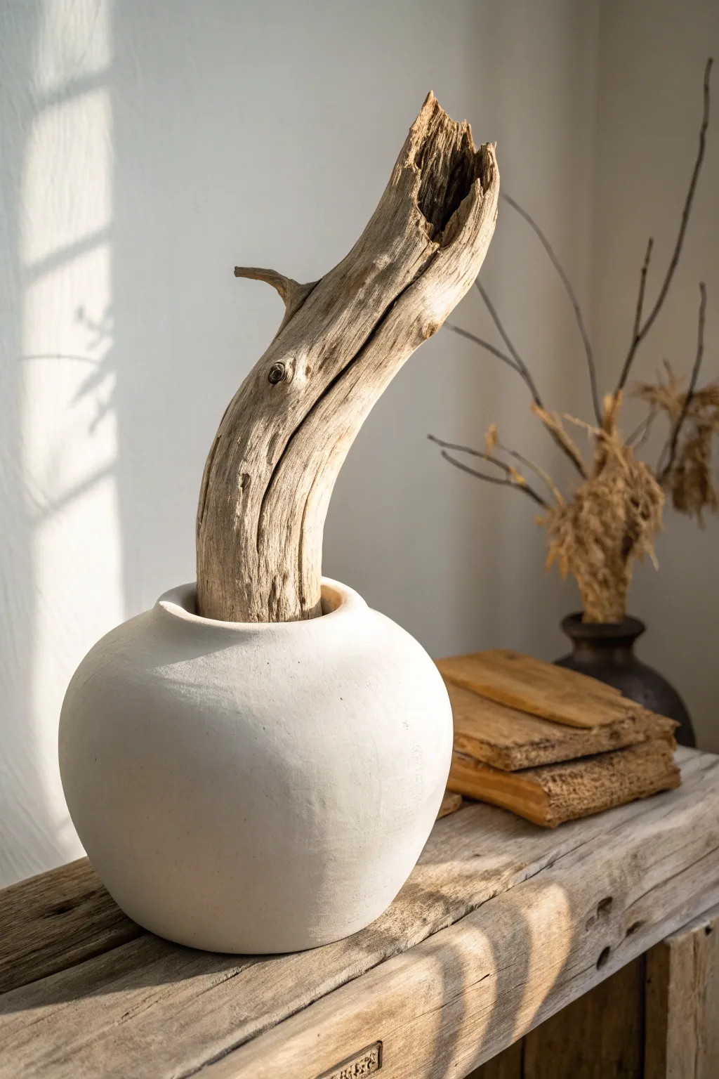 Where clay meets driftwood: an artful fusion of nature and craftsmanship.