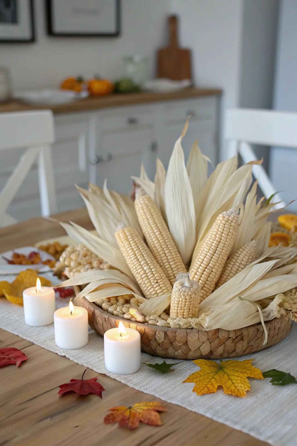 Embrace the beauty of harvest with this rustic corn husk centerpiece, perfect for a minimalist Thanksgiving decor.