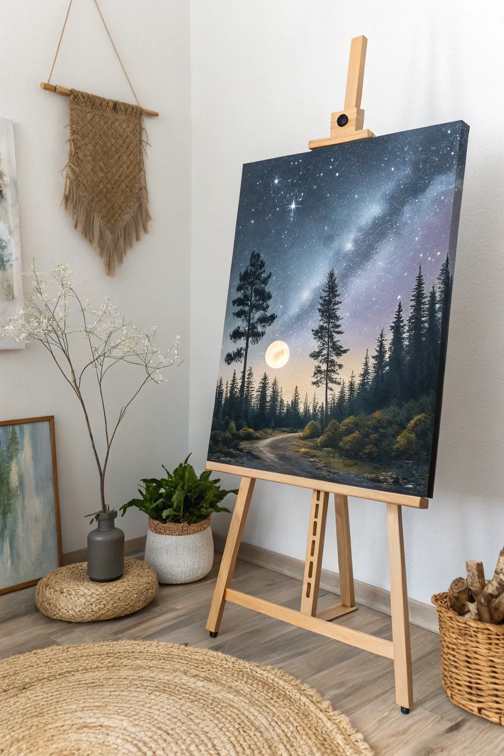 Capture the serene magic of an ethereal night sky with this stunning forest painting, perfect for adding a touch of wonder to your home decor.
