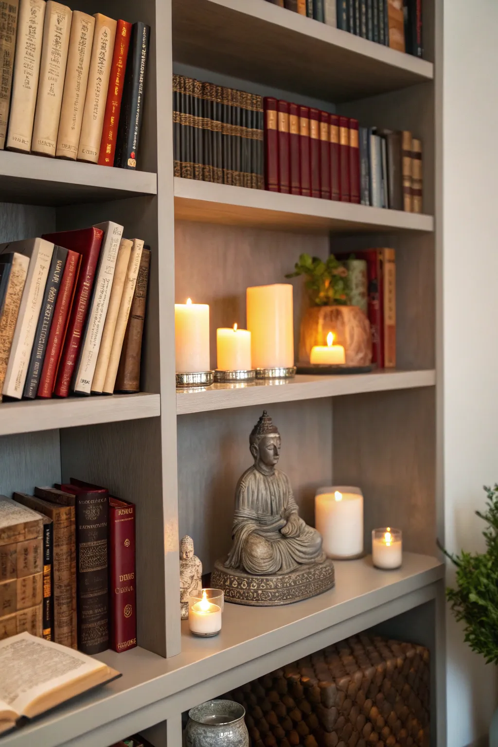 A bookcase altar blends seamlessly with your living room style.