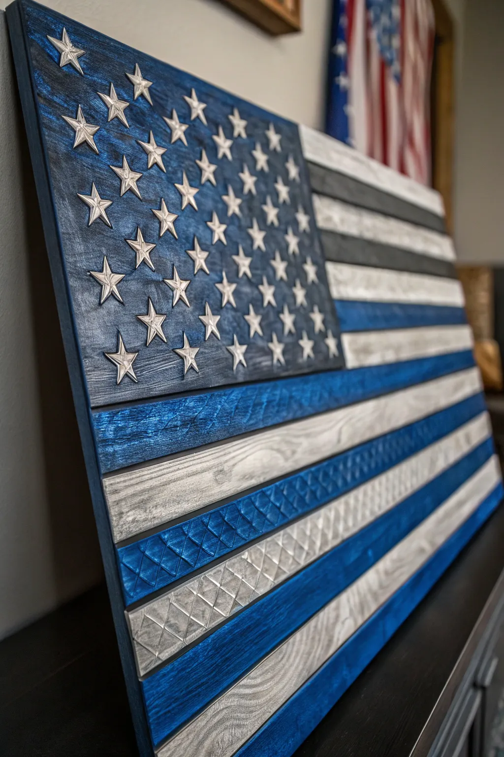 Experience the elegance of dual-tone artistry with this shadowed American flag painting.