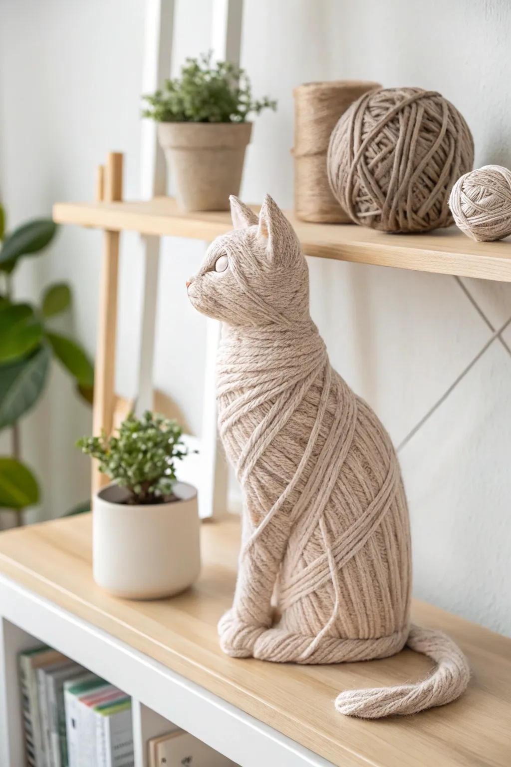 Embrace the cozy charm of yarn-wrapped crafts with this adorable feline friend, perfect for adding a touch of warmth to your minimalist decor.