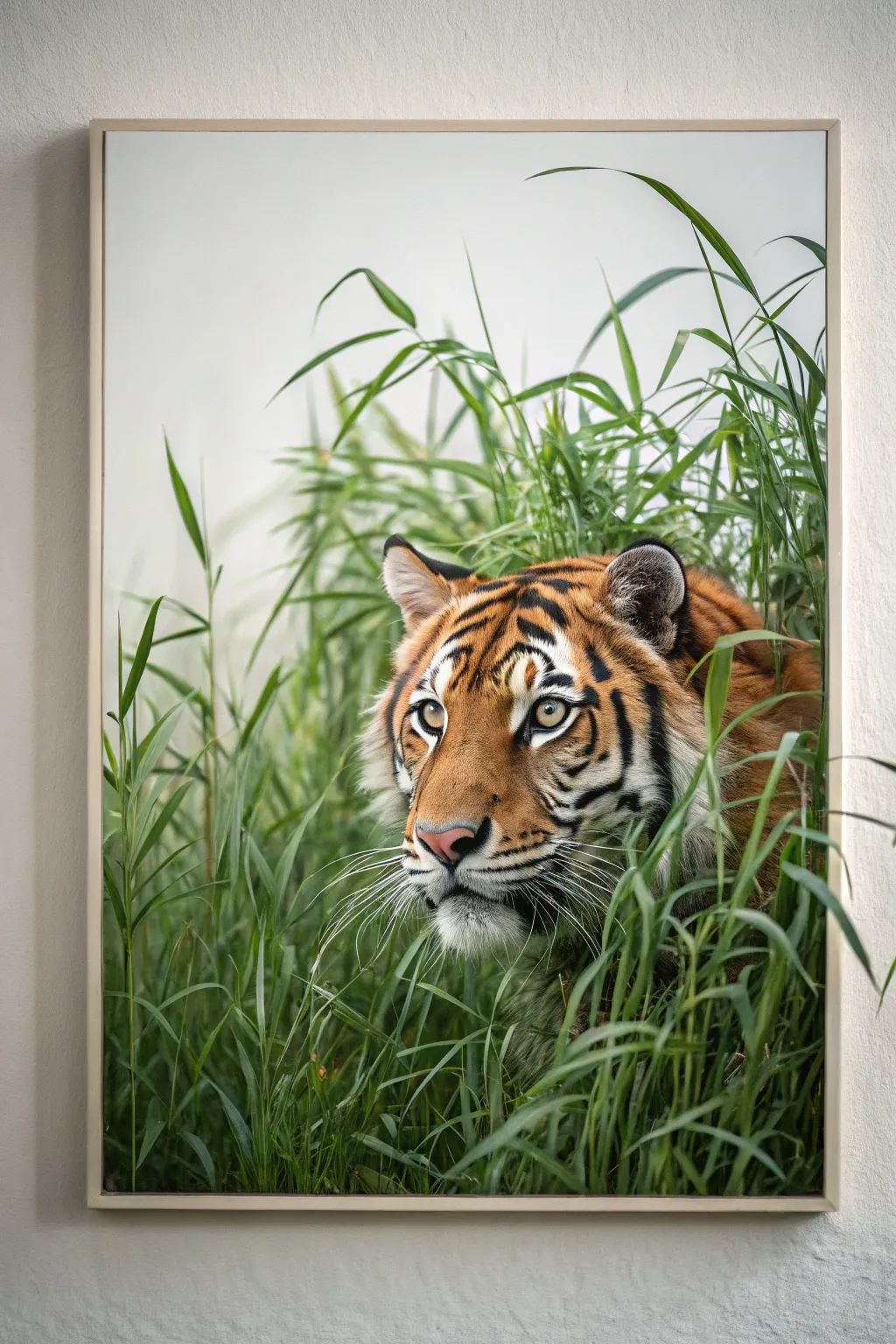Embrace the wild beauty: A minimalist take on a tiger in the tall grass.
