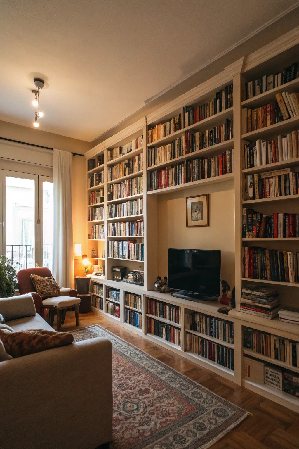 An accent wall of bookshelves creates a dramatic and inviting living room.