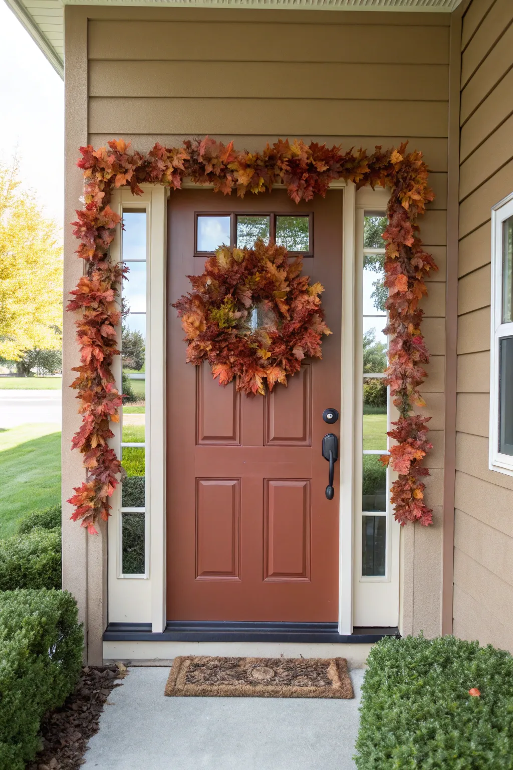 Seasonal leaf wreaths offer a warm and inviting welcome.
