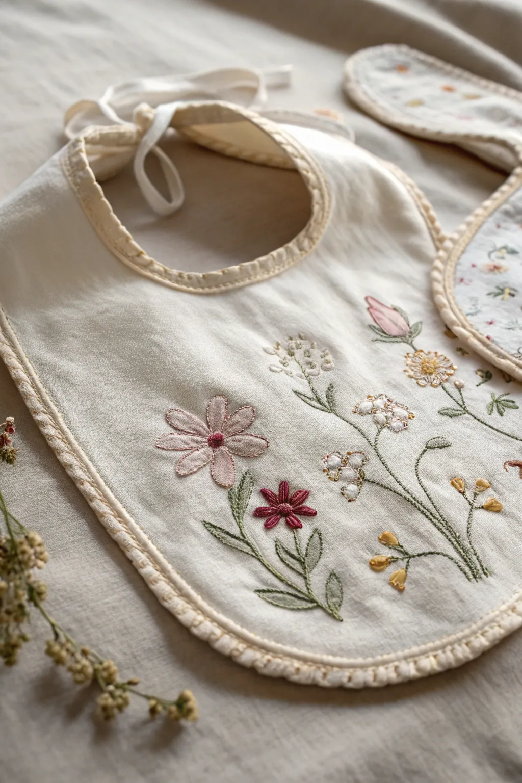 Embrace heirloom charm with delicate embroidery, turning baby bibs into treasured keepsakes.