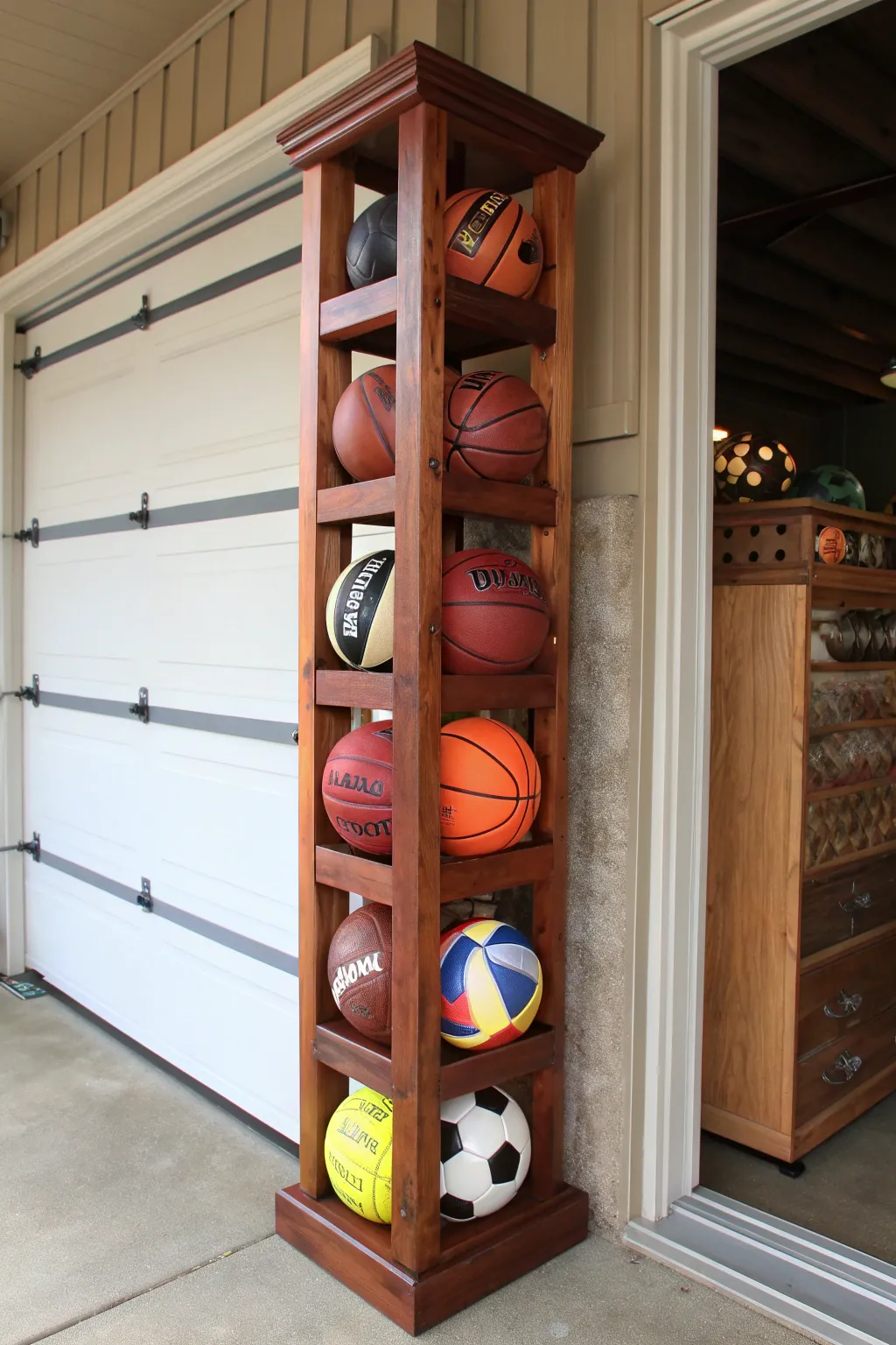 Transform your garage with a handcrafted corner ball tower that seamlessly blends functionality and style.