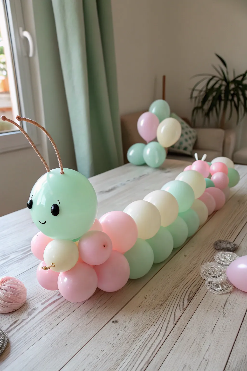 Add a touch of whimsy to your space with this charming balloon caterpillar, perfect for a minimalist garden vibe.