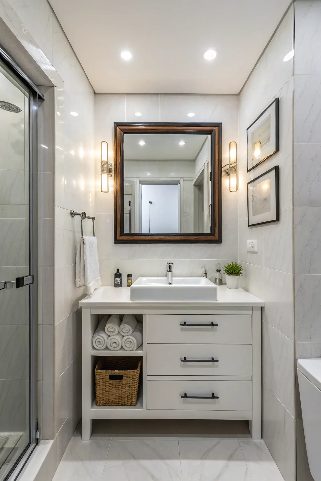 Mirrored accessories creating an illusion of space in smaller bathrooms.