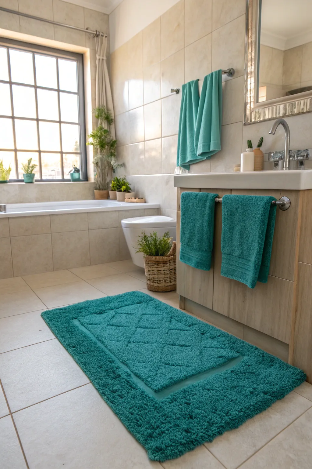 A vibrant rug can transform a neutral bathroom with just a splash of color.