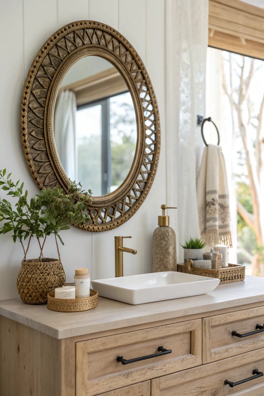 Transform your bathroom with a touch of vintage charm and minimalist elegance. ✨🪞 #VanityMakeover #ScandiBohoStyle
