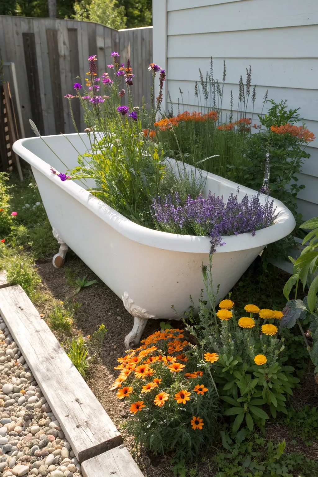 Transform your garden into a Pollinator's Paradise with a charming bathtub planter, inviting bees and butterflies to dance among the blooms.