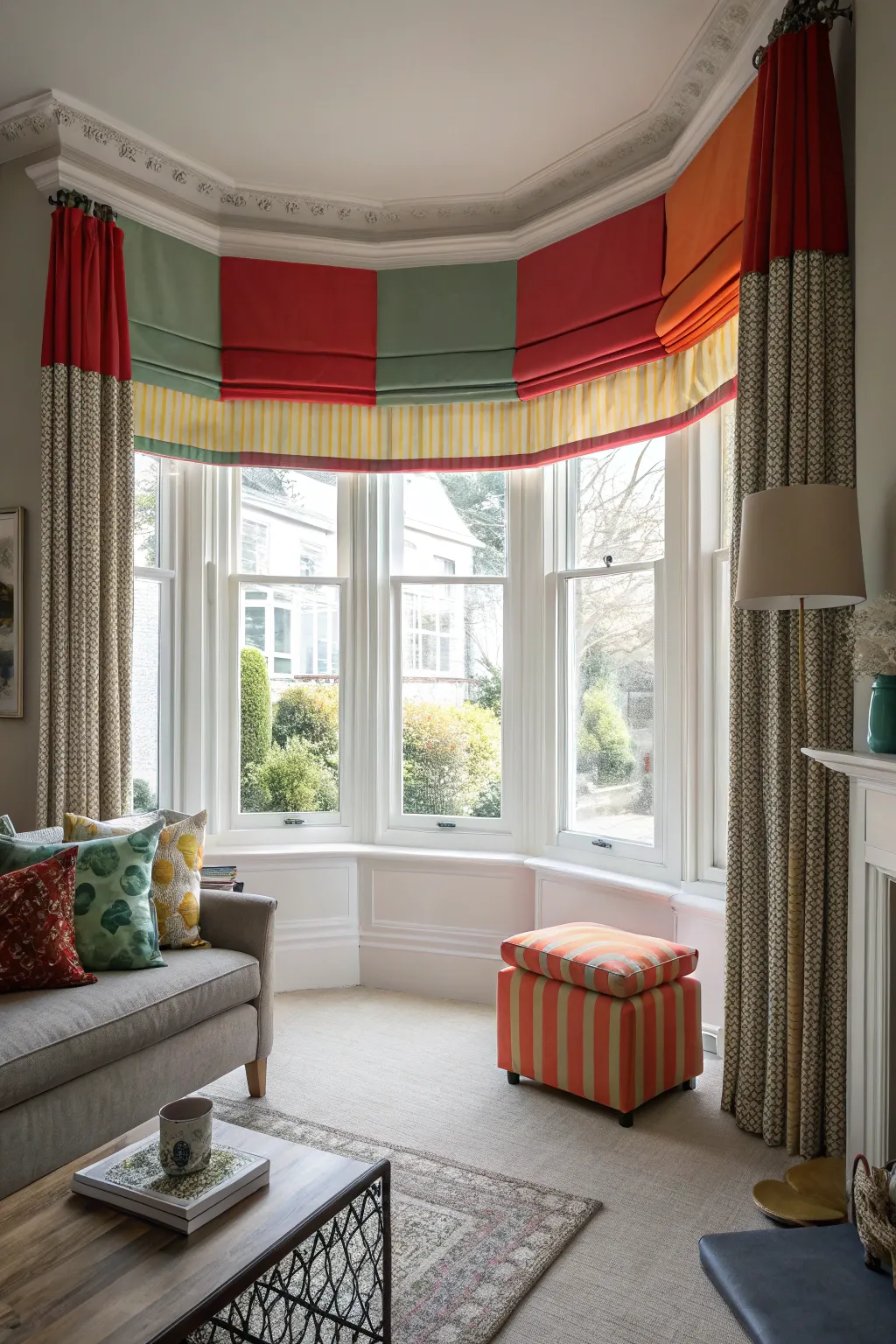 Striking contrast valances in a modern eclectic room.