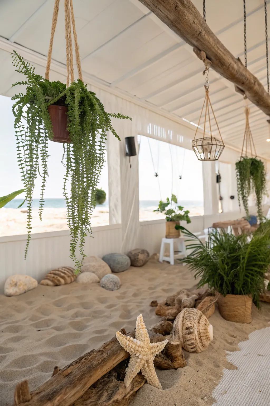 Ceiling-mounted plants add a fresh, tropical feel.
