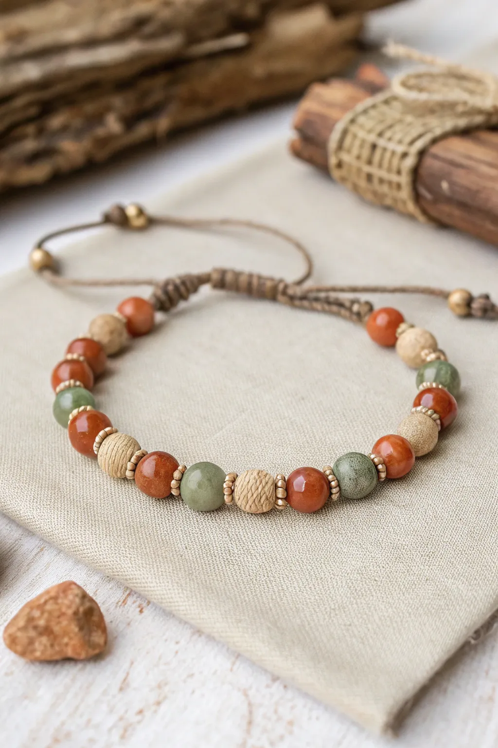 Embrace rustic elegance with this earthy-toned beaded bracelet, perfect for the nature-loving minimalist.