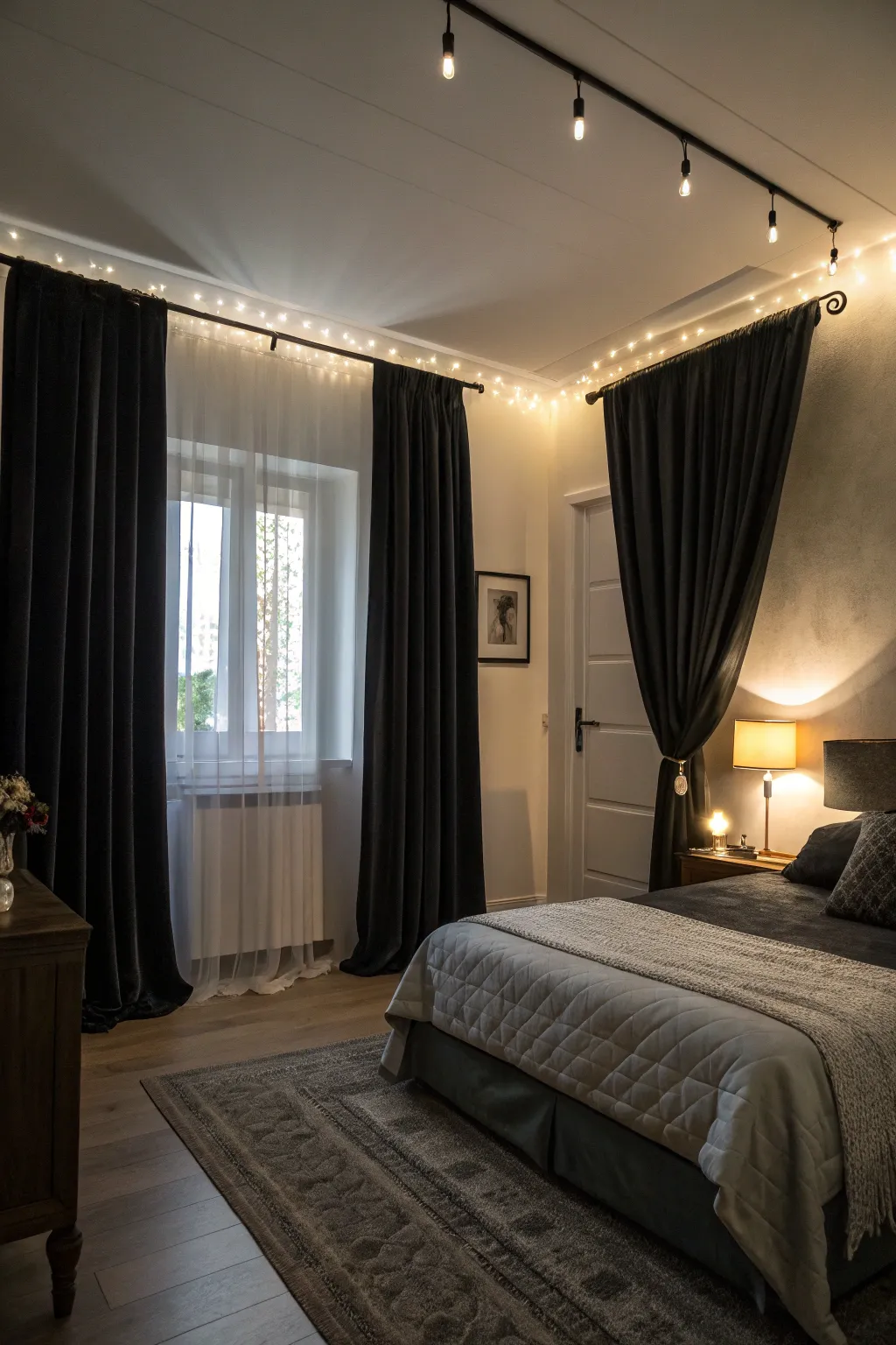 Layered lighting creating an inviting atmosphere with black curtains.