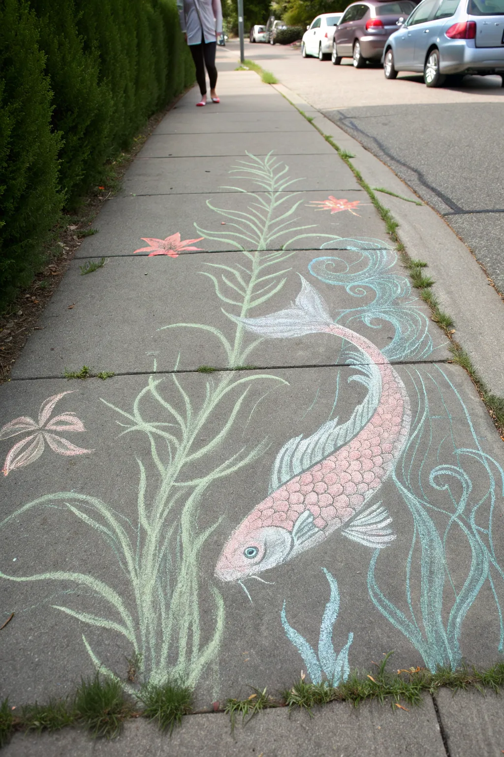 Explore a serene underwater world with this minimalist chalk art masterpiece.