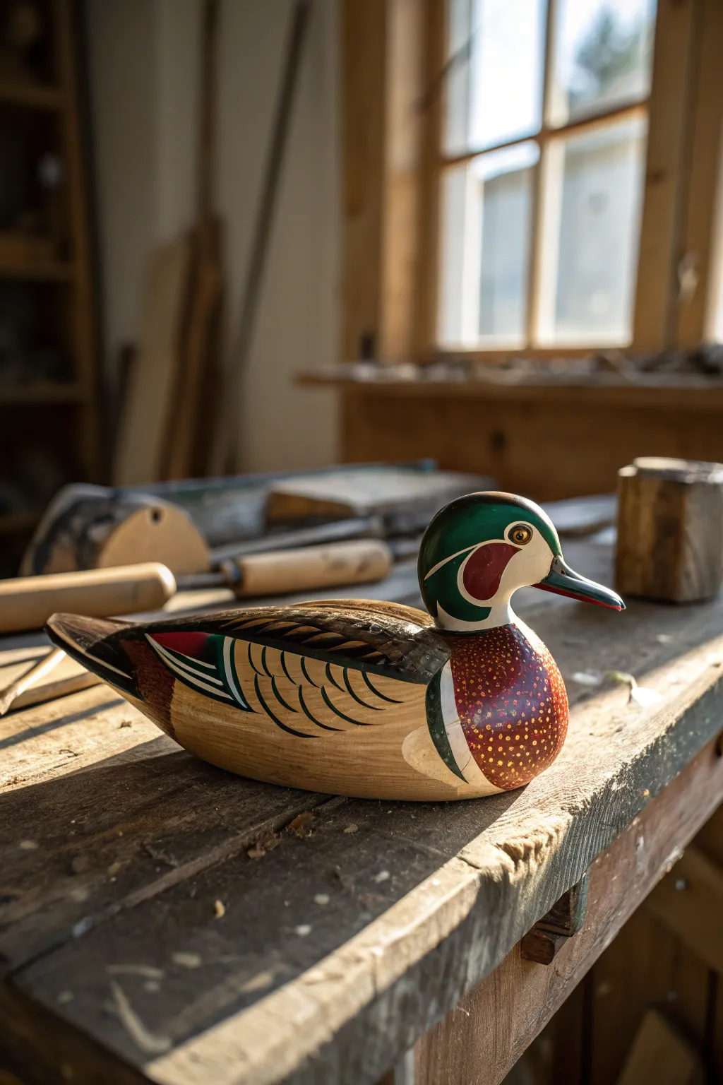 Embrace the art of craftsmanship with a striking wooden duck decoy.