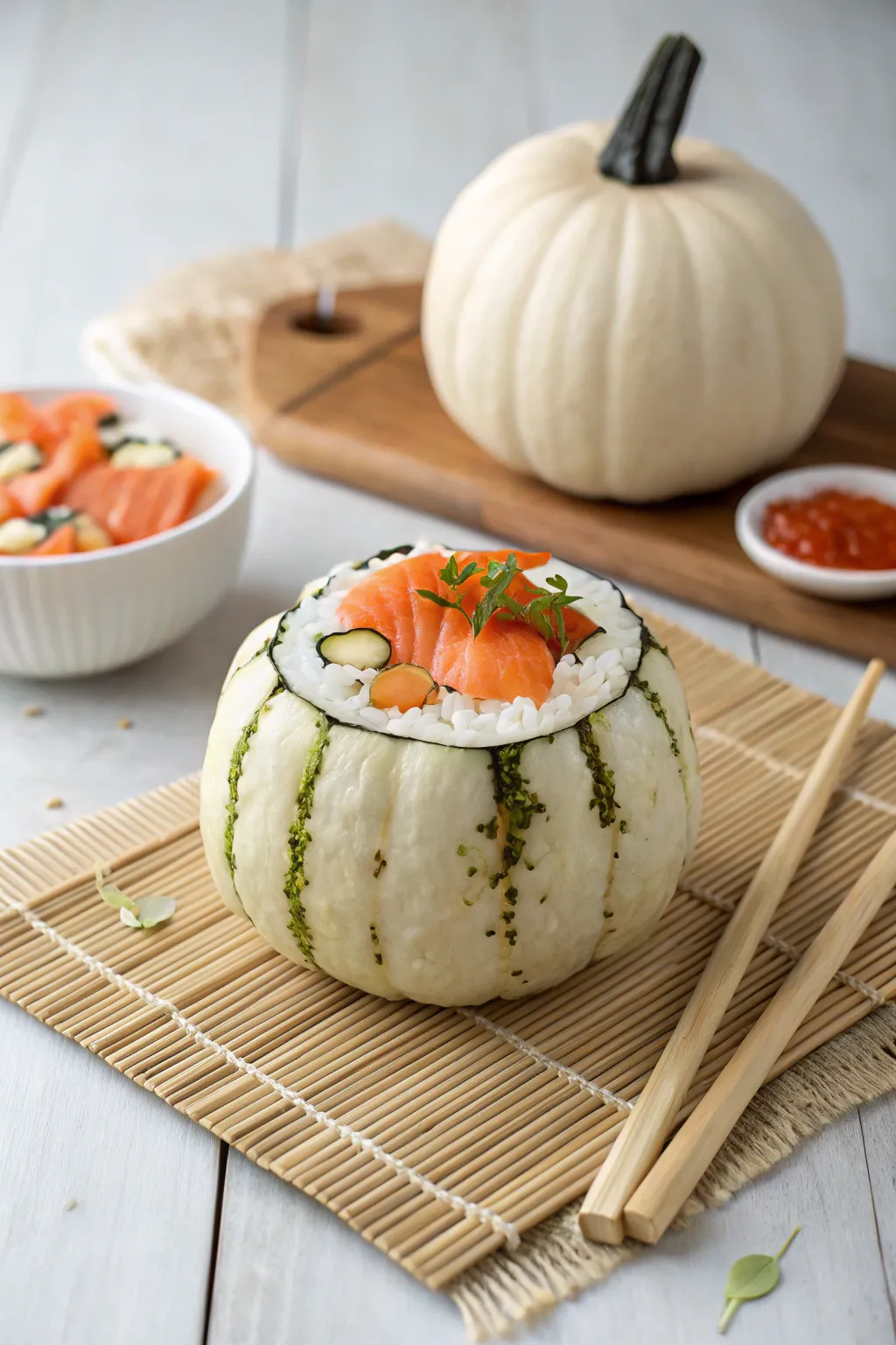 Elevate your fall decor with a sushi-inspired pumpkin masterpiece! 🍣🎃 #FoodArt #ScandiBohoStyle