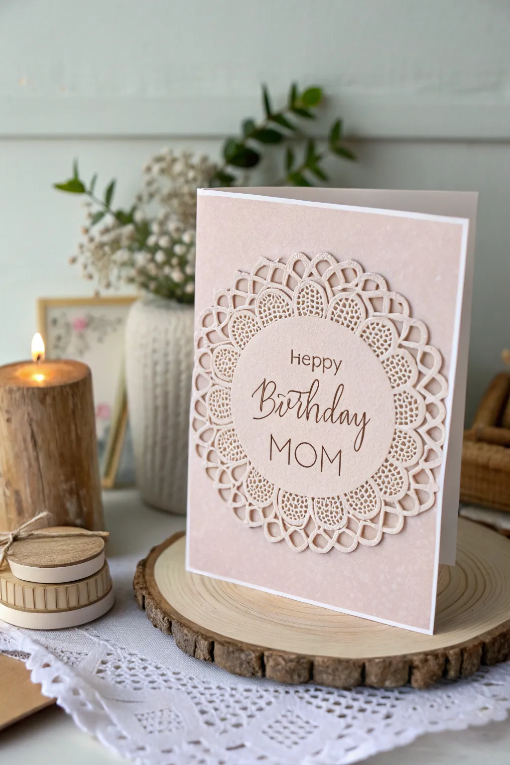 Add a touch of elegance to mom's birthday with a lace doily decor card.