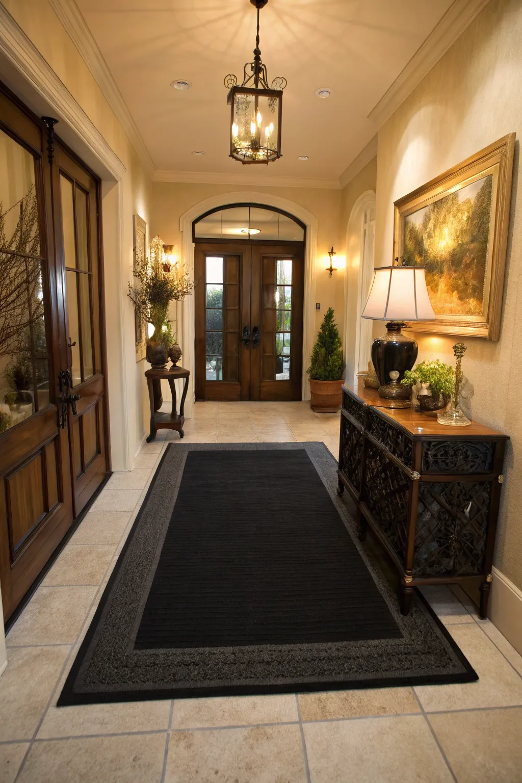 A statement black rug in the entryway adds instant elegance and sets the tone for the home.