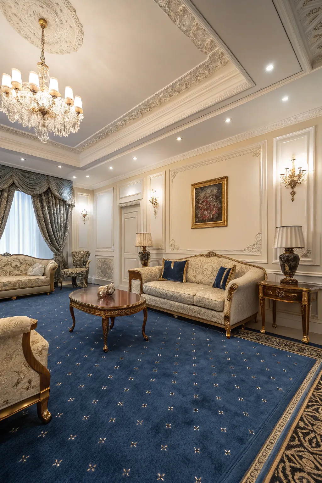 Bold blue flooring adding luxury to a living space.