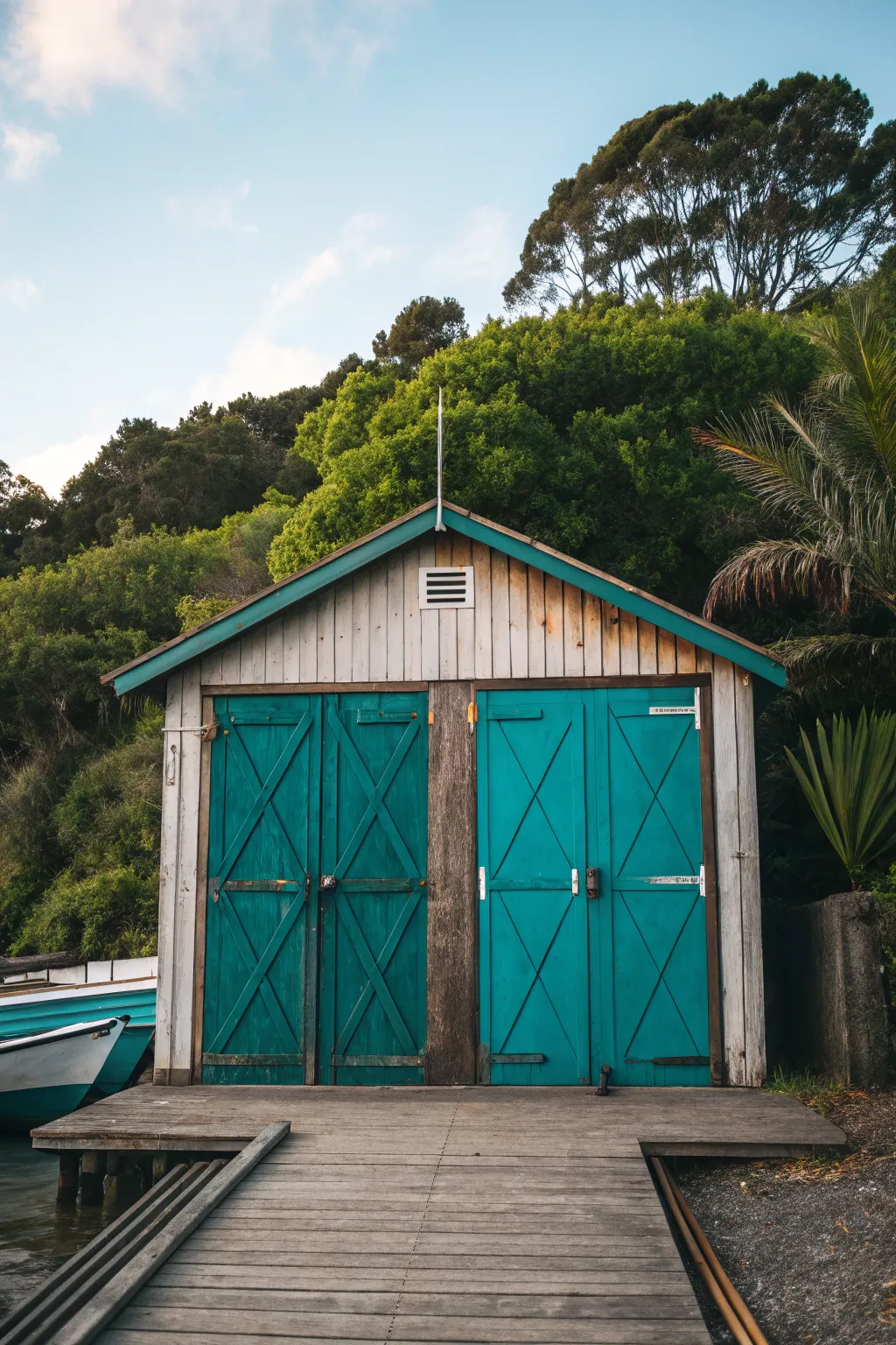 A bold splash of teal transforms this boat shed into a standout masterpiece.