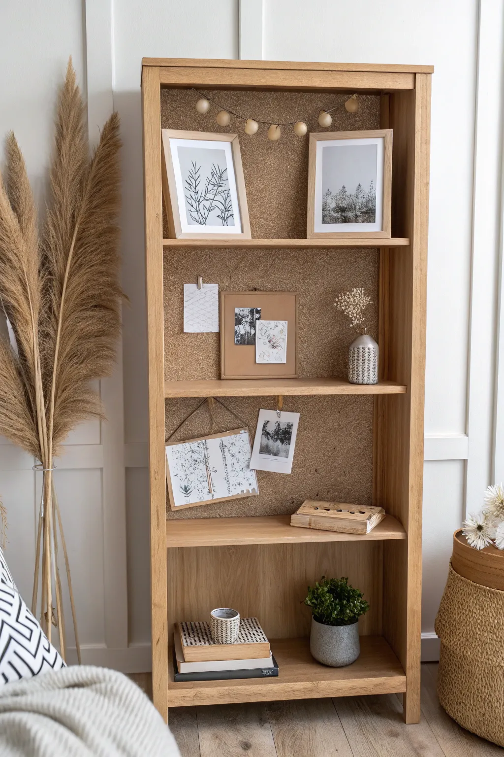 Elevate your bookcase with a corkboard for a touch of creativity and style.