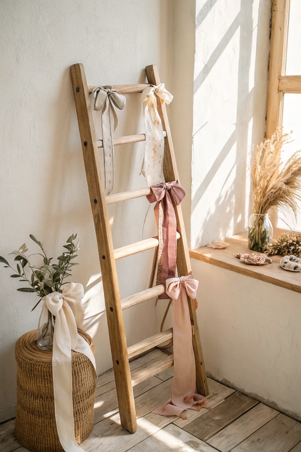 Transform your space with this charming vintage ladder display, perfect for showcasing your beautiful bows with Scandinavian elegance.