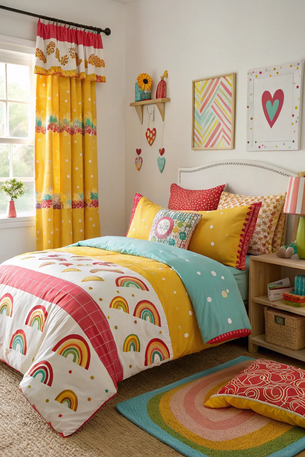 Bright and colorful bedding infuses energy and personality into the bedroom.