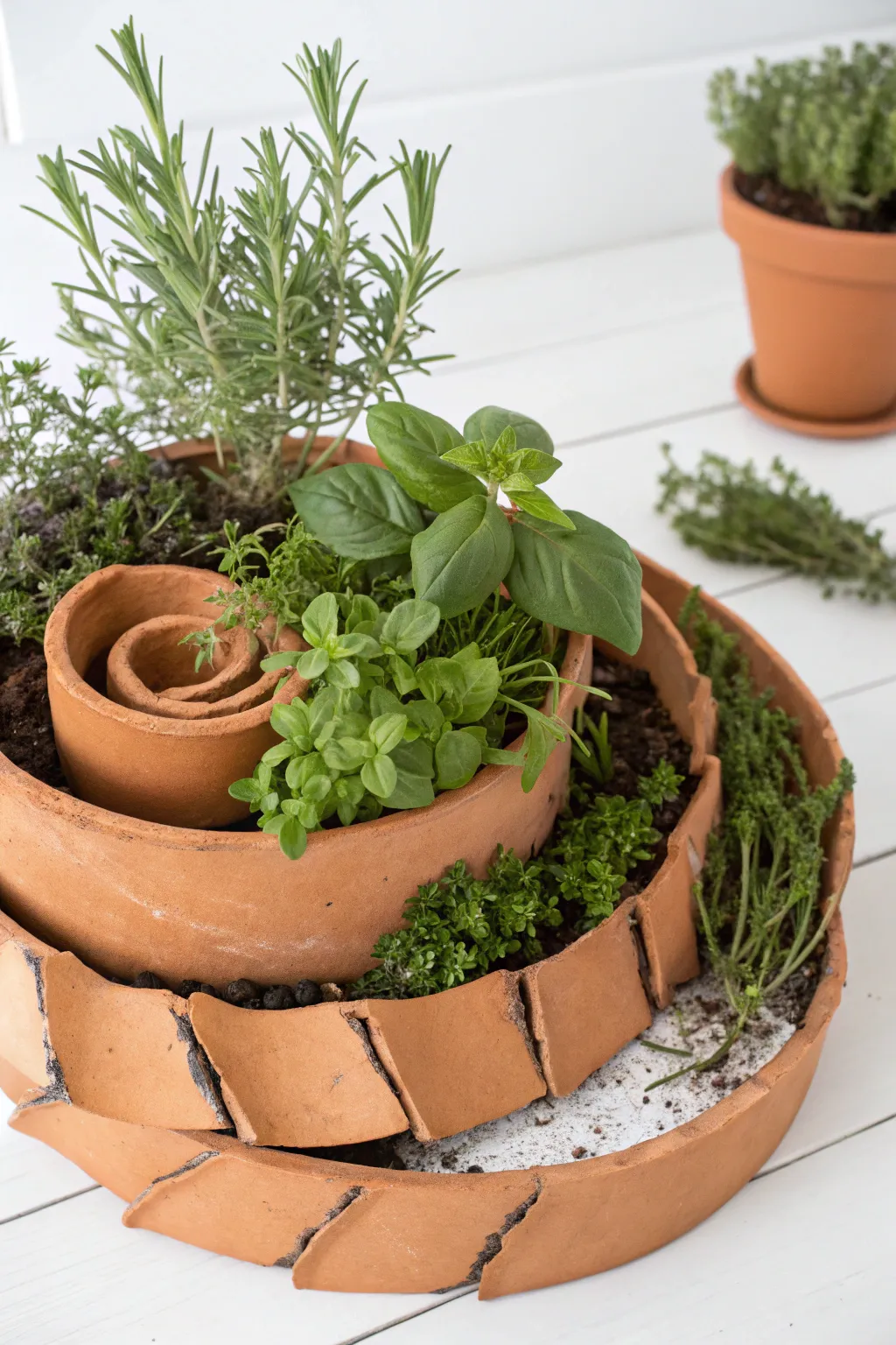 Transform broken pots into a stunning spiral herb garden that brings nature's charm to your kitchen space!