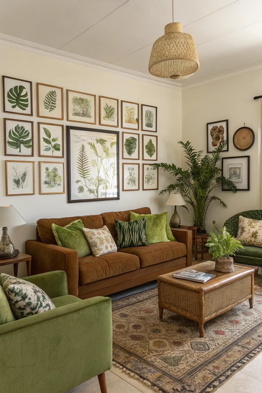 A gallery wall of nature-inspired art enlivens the space.
