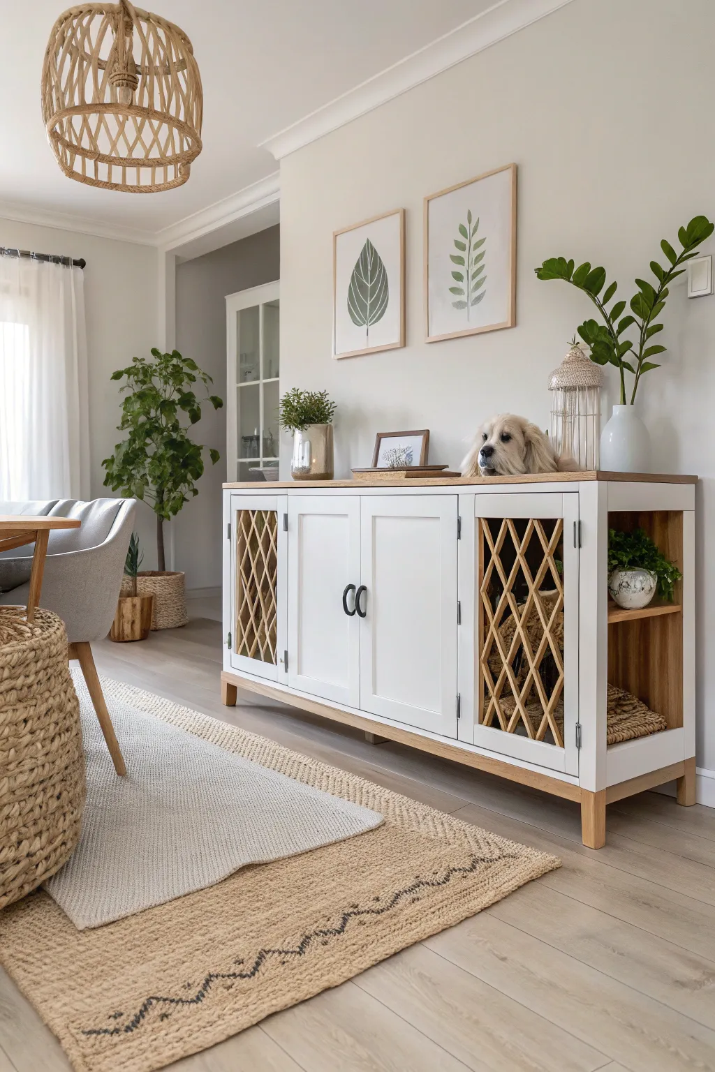 Dining Room Delight: Where style meets comfort. A chic sideboard with a built-in dog kennel for your furry friend to join family meals in elegance.