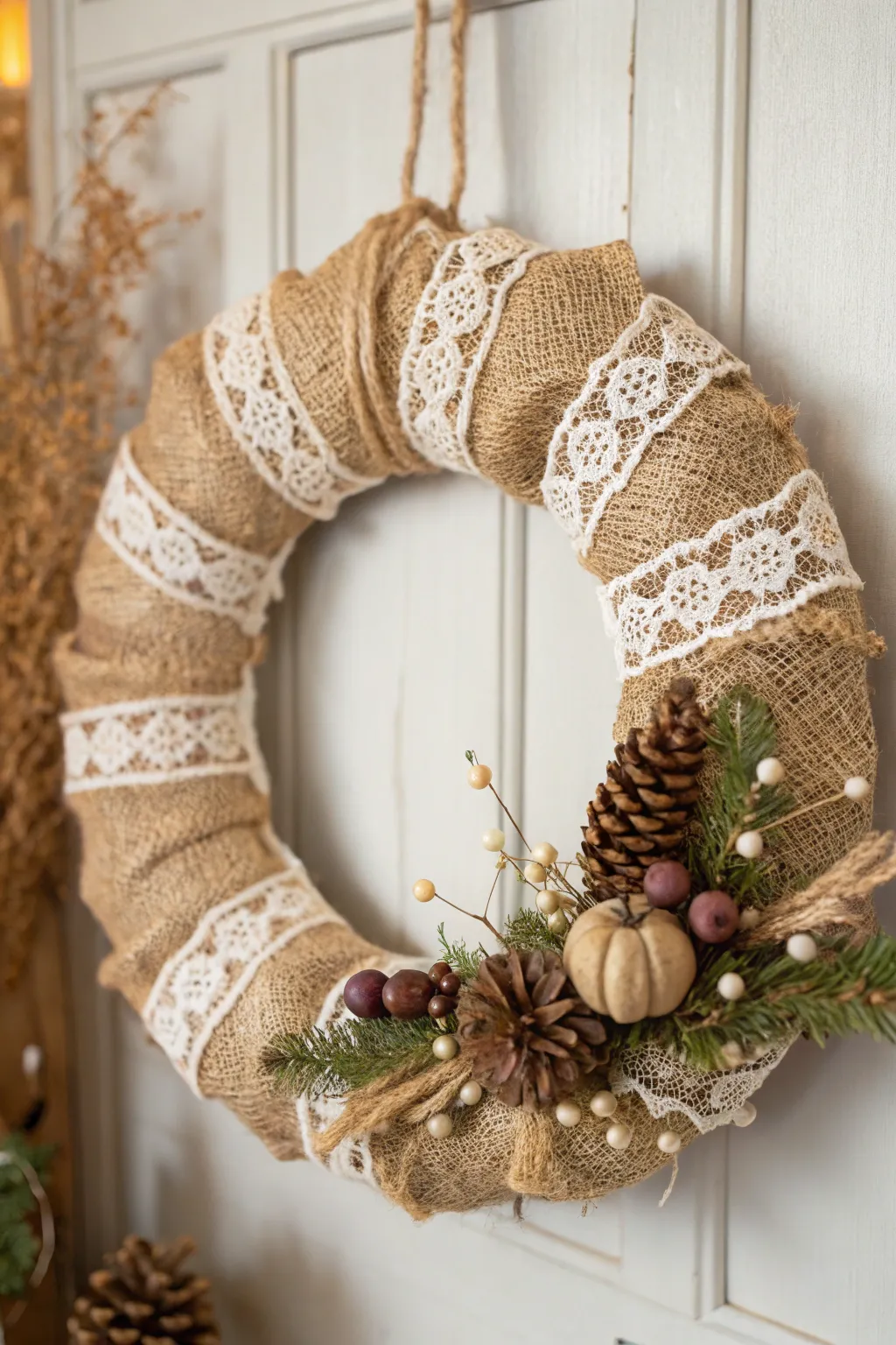 Embrace vintage elegance this Christmas with a burlap and lace wreath that speaks of timeless charm and natural beauty.