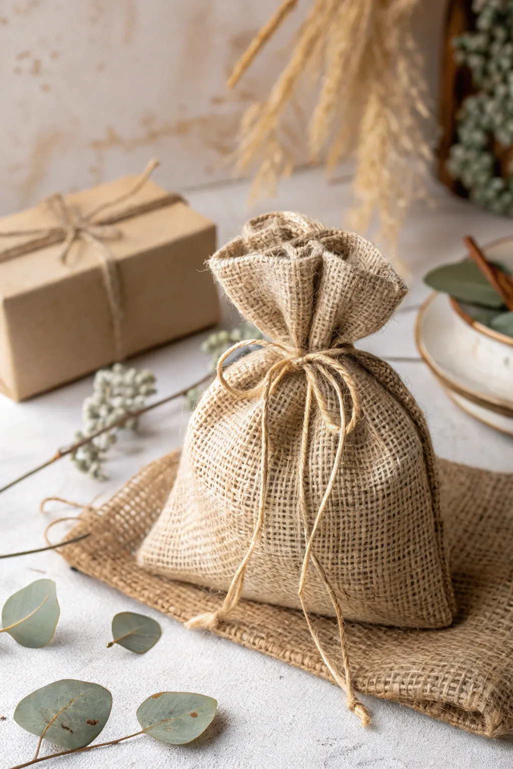 Elevate your gift-giving with a touch of rustic elegance: Burlap sack-style wrap for that charming, handcrafted feel.