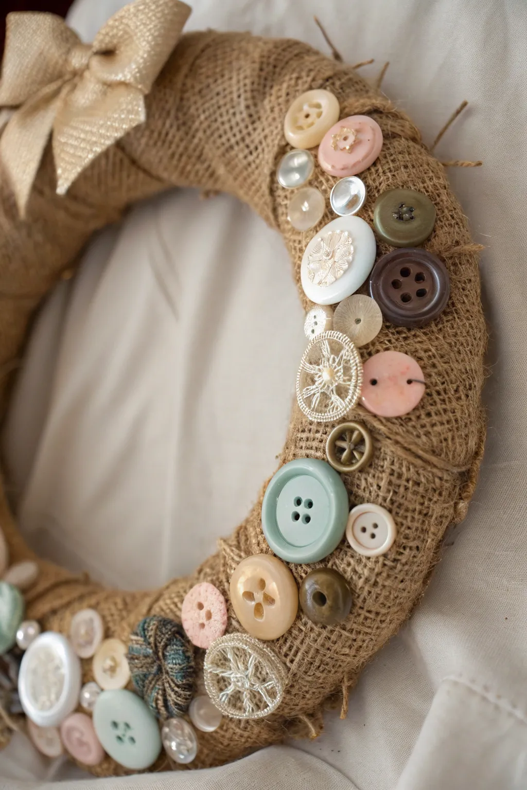 Nostalgic Elegance: Vintage buttons breathe new life into this minimalist burlap wreath.