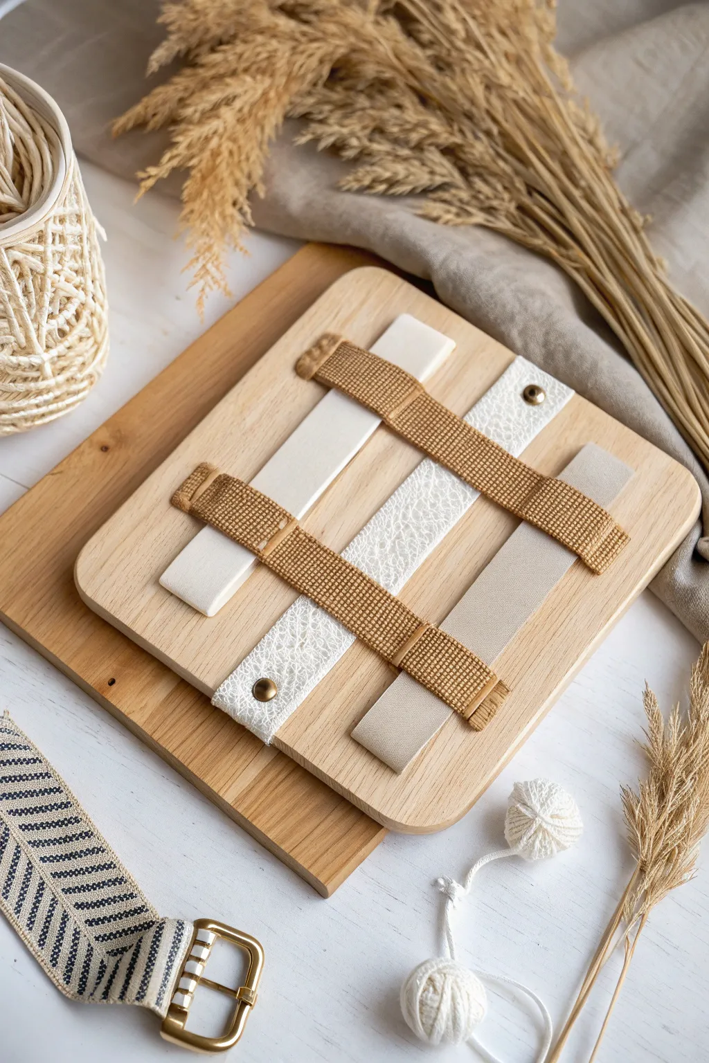 Engage little hands with the simple joy of Velcro strips on a beautifully crafted busy board.