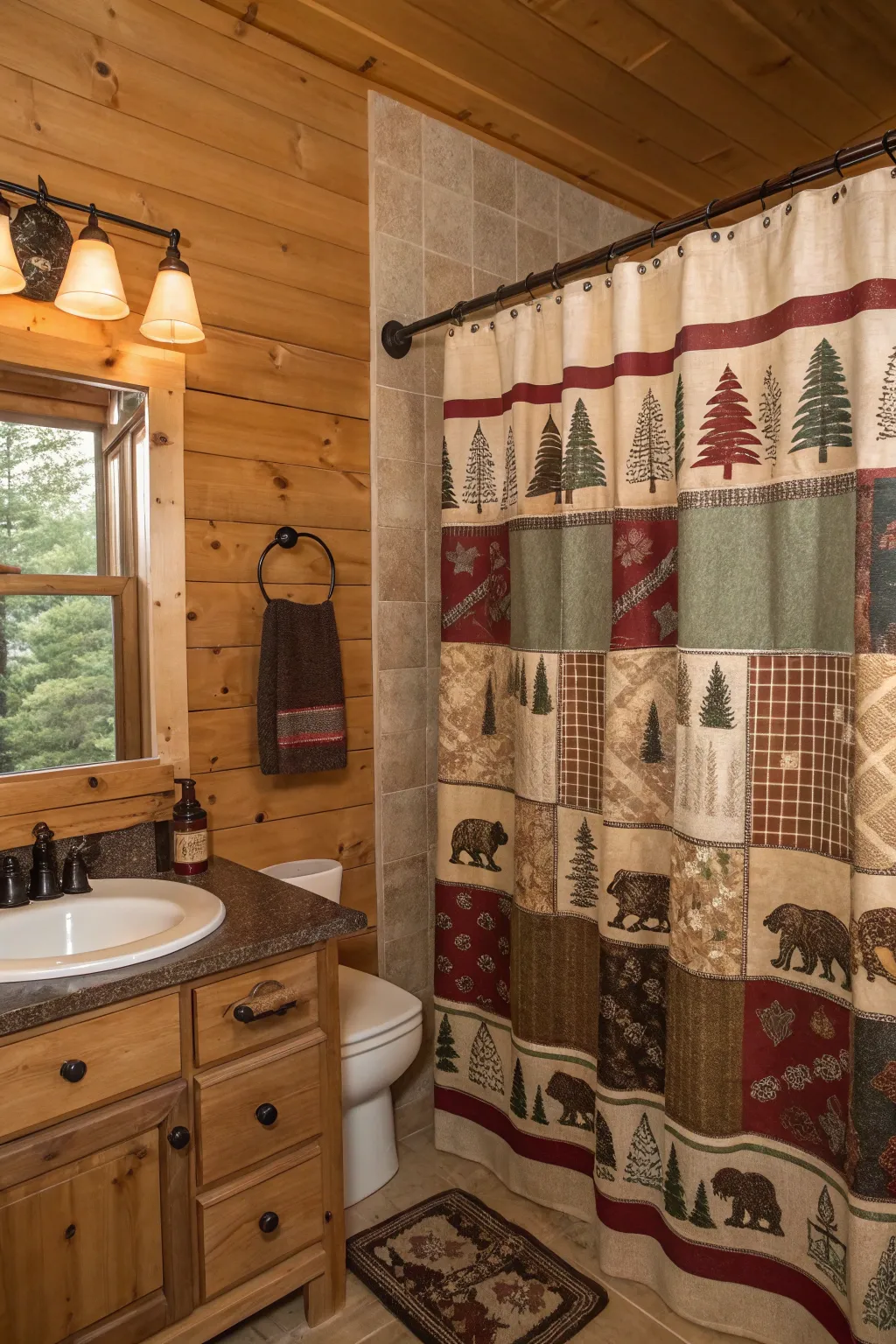 A lodge patchwork shower curtain for a cozy, nostalgic feel.