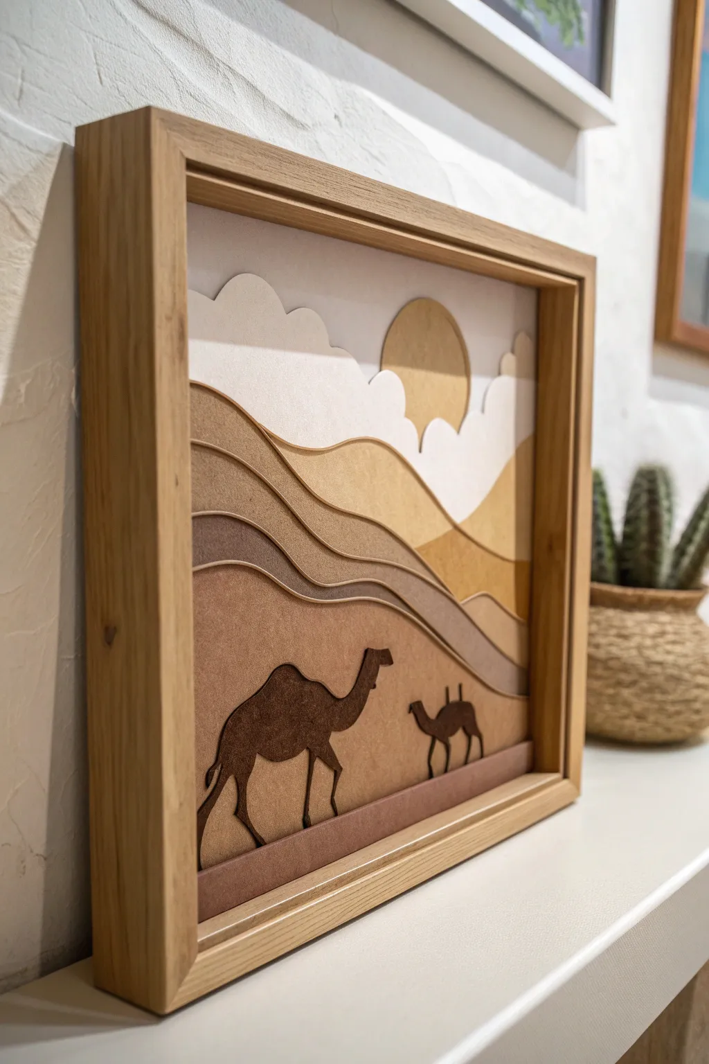 Embrace desert serenity with a handcrafted camel shadow box, where minimalist design meets boho elegance.