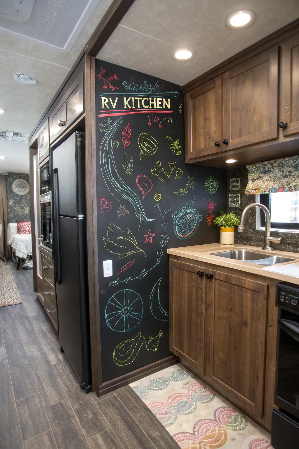 Transform your RV kitchen into a creative hub with bold chalkboard paint—a perfect blend of style and functionality!
