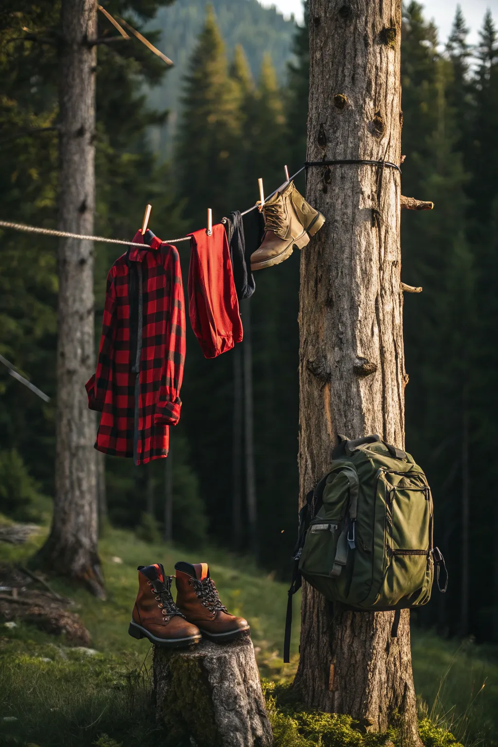 Elevate your camp setup with a classic clothesline – the perfect blend of practicality and rustic charm.