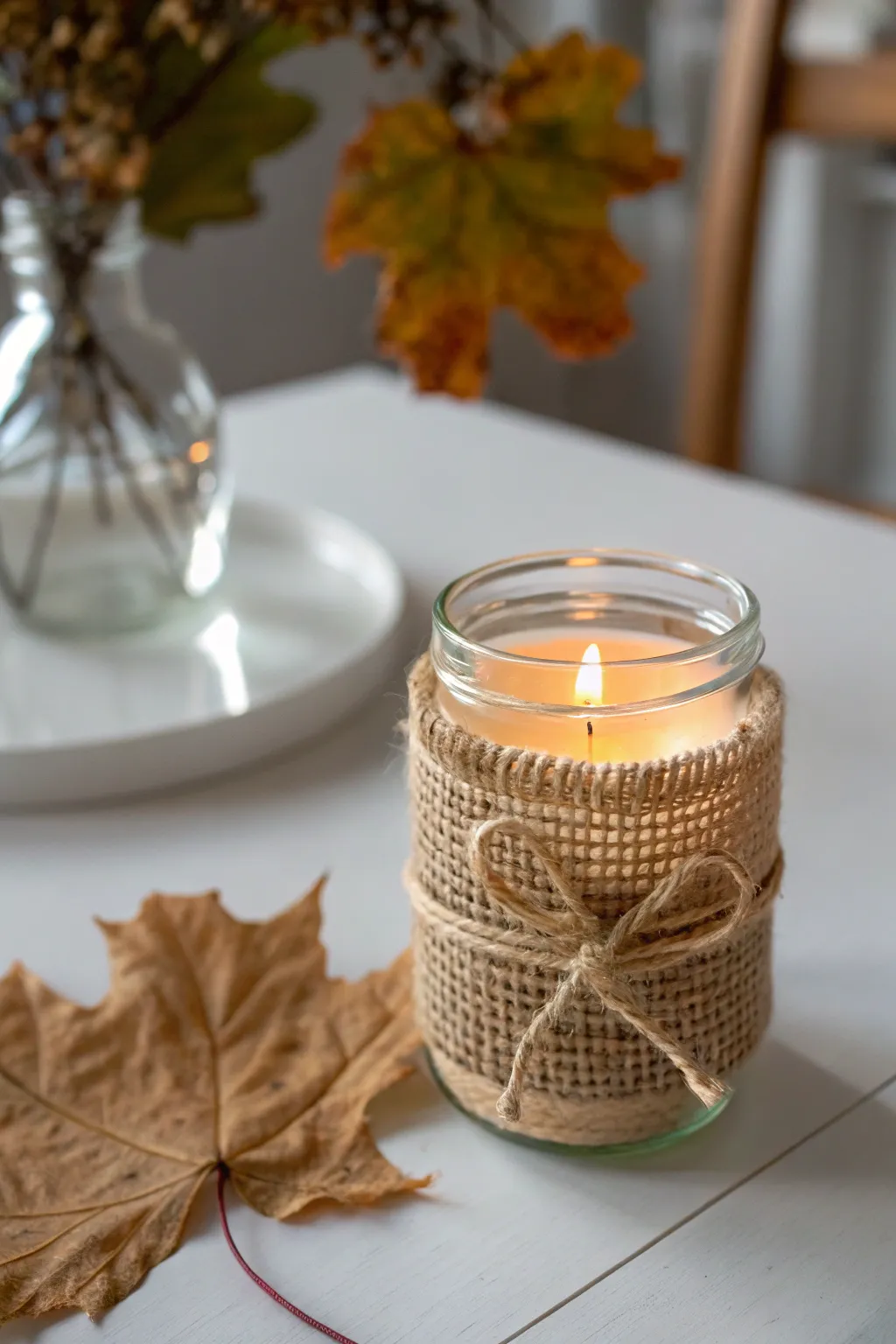 Transform your space with the simple elegance of burlap-wrapped candle jars, perfect for a cozy autumn touch.