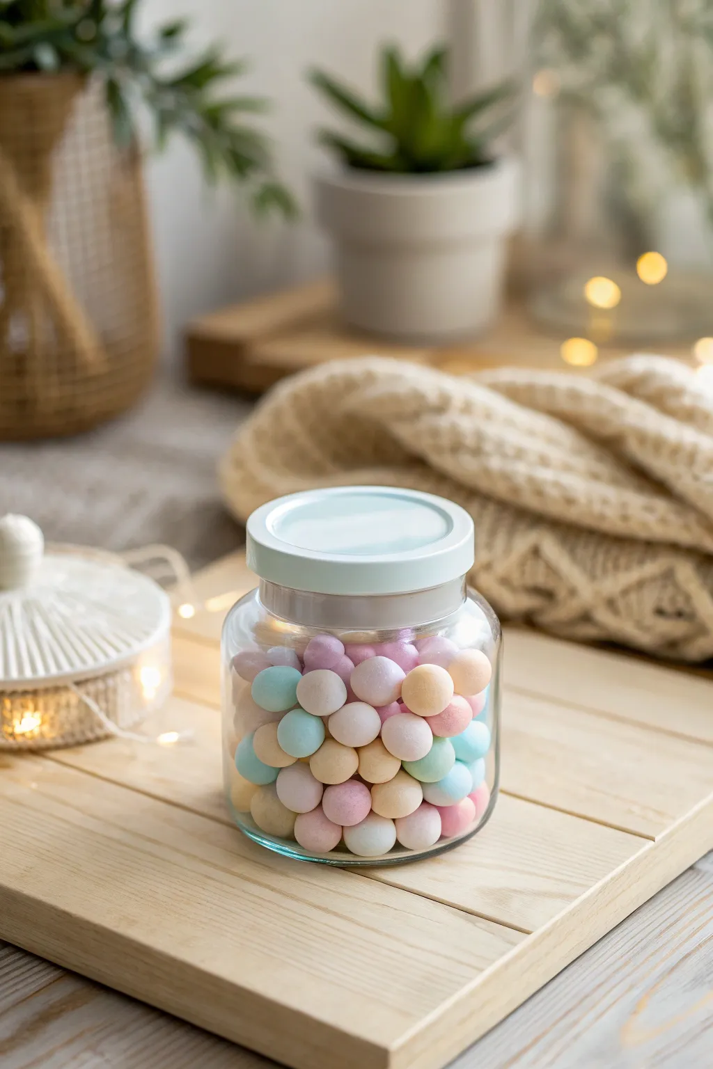 Add a mystical touch to your candy display with glow-in-the-dark jar lids, perfect for a whimsical night-time glow.