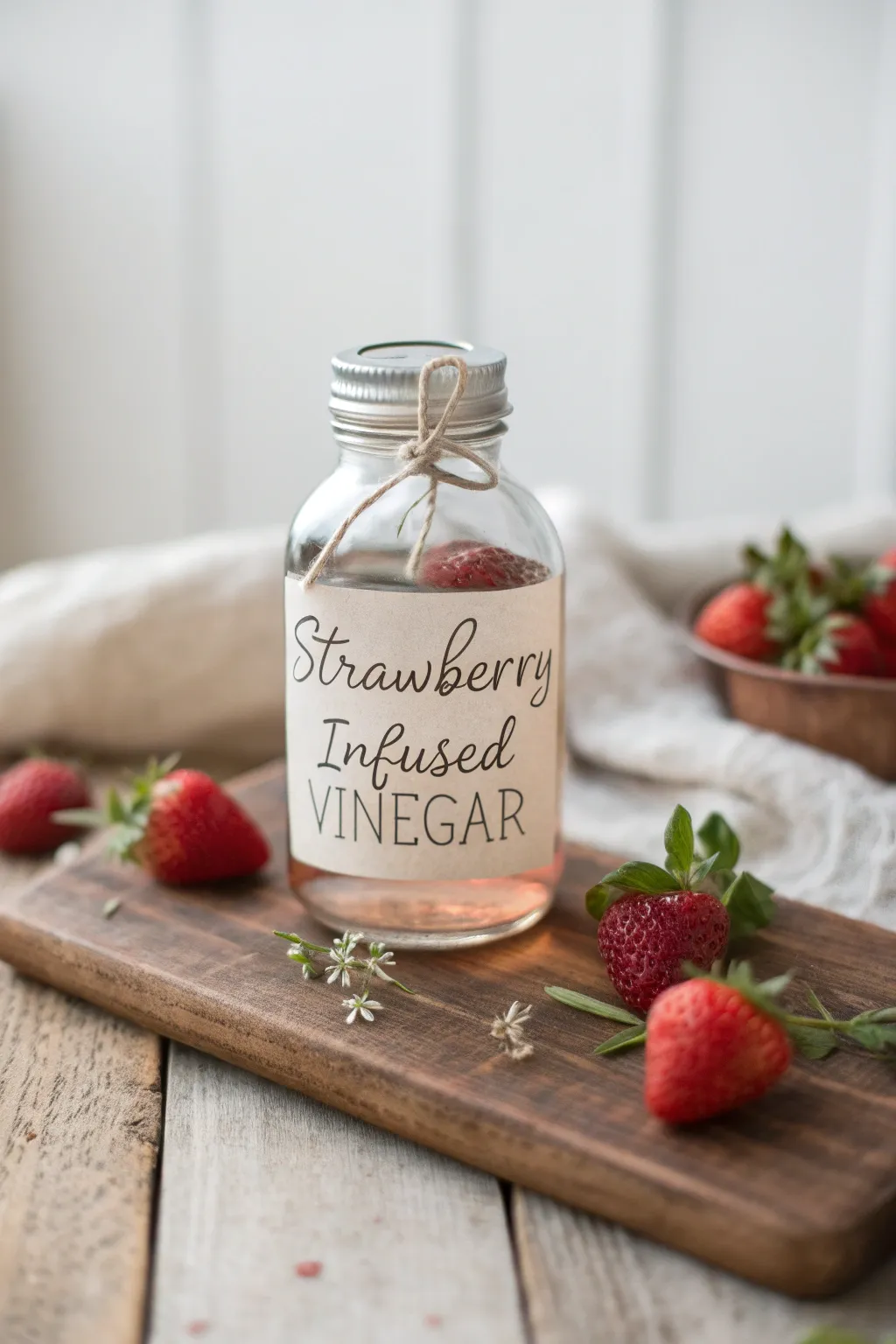 Elevate your salads with the natural zest of strawberry-infused vinegar, handcrafted for a touch of elegance.